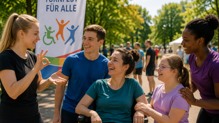 Mehrere Menschen mit unterschiedlichen Voraussetzungen und Hintergründen begegnen sich auf einem Turnfest im Freien. Eine Person sitzt im Rollstuhl, eine andere kommuniziert in Gebärdensprache. Die Gruppe lacht gemeinsam und steht für Inklusion, Teilhabe und ein Turnfest für alle.