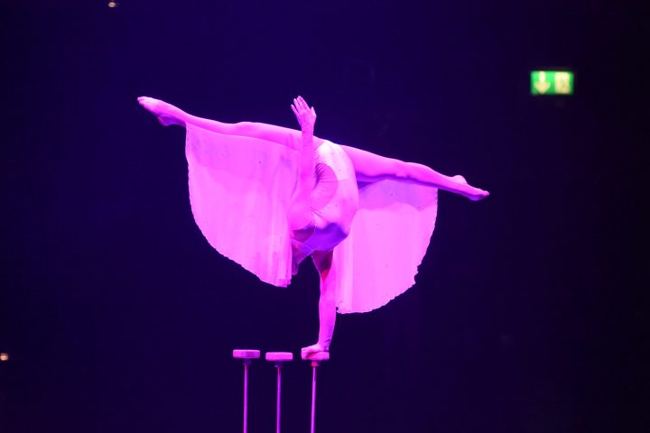 Artistin balanciert in einer akrobatischen Pose auf Handstäben unter violettem Bühnenlicht.