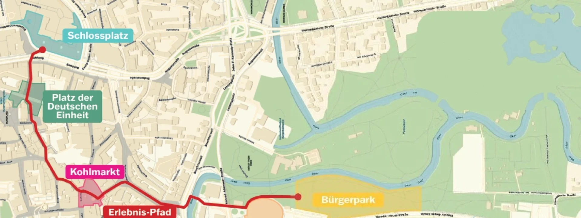 Gesamtkarte des Erlebnis-Pfads von den Hotspots in der Innenstadt bis zum Bürgerpark