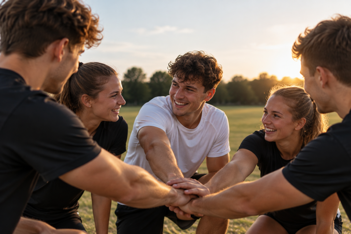 Junge Sportgruppe legt gemeinsam die Hände zusammen