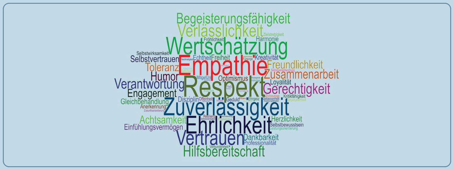 Vollständige Wertewolke mit Begeisterungsfähigkeit, Wertschätzung, Empathie, Respekt, Zuverlässigkeit, Ehrlichkeit und Hilfsbereitschaft